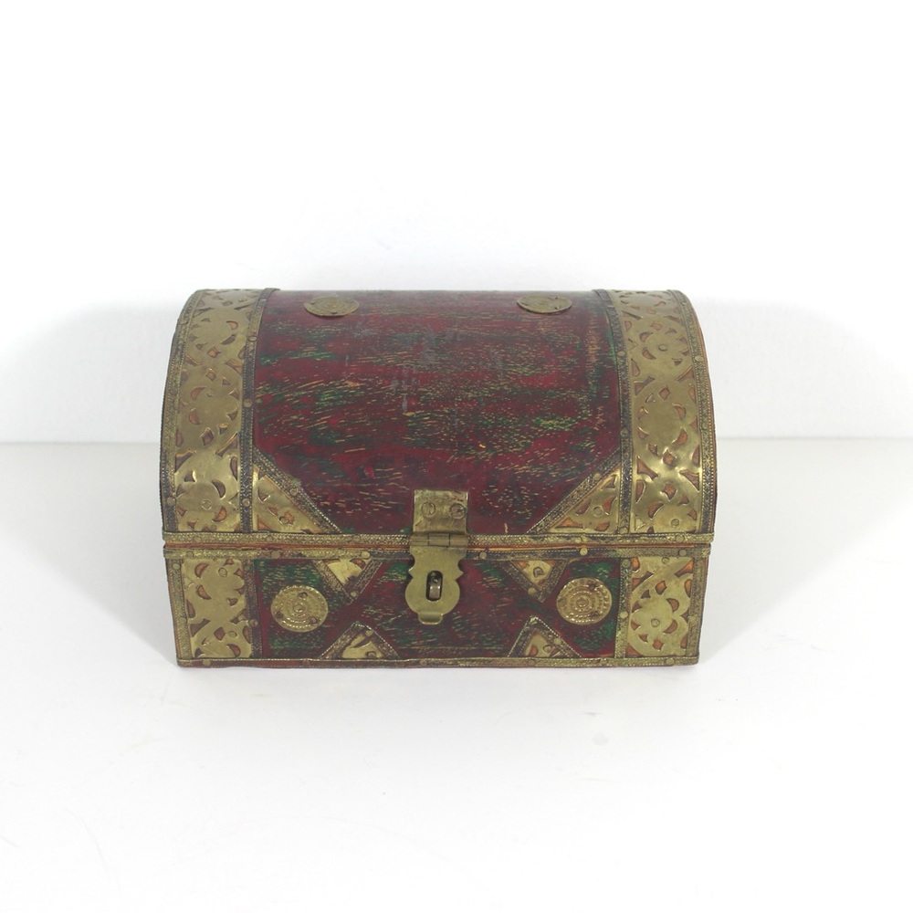 Vintage Humpback Dome Top Wood and Brass Box, Brass Trim, Lidded, Hinged Lid Box